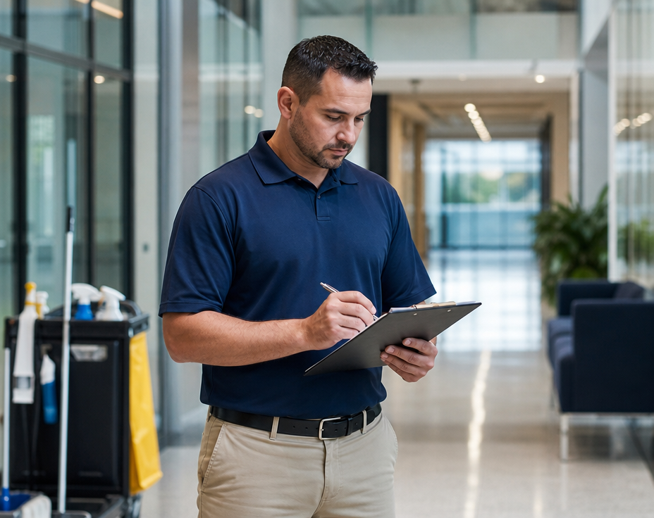 Supervisor reviewing a quality checklist during a commercial facility inspection