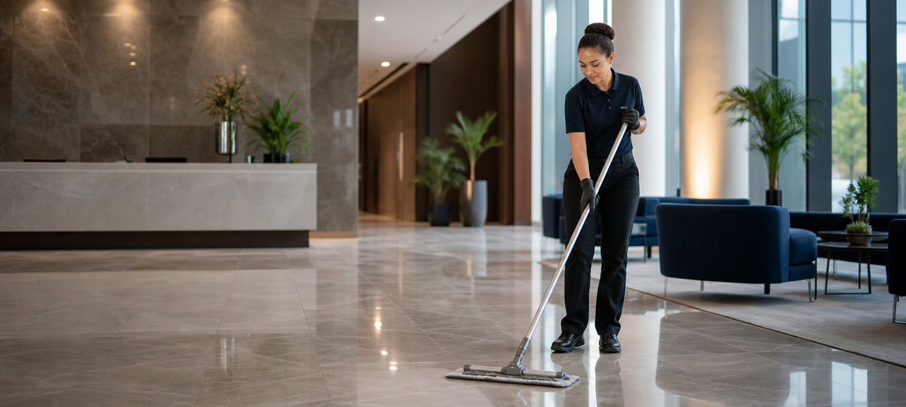 Clean, modern corporate office lobby maintained to a professional standard