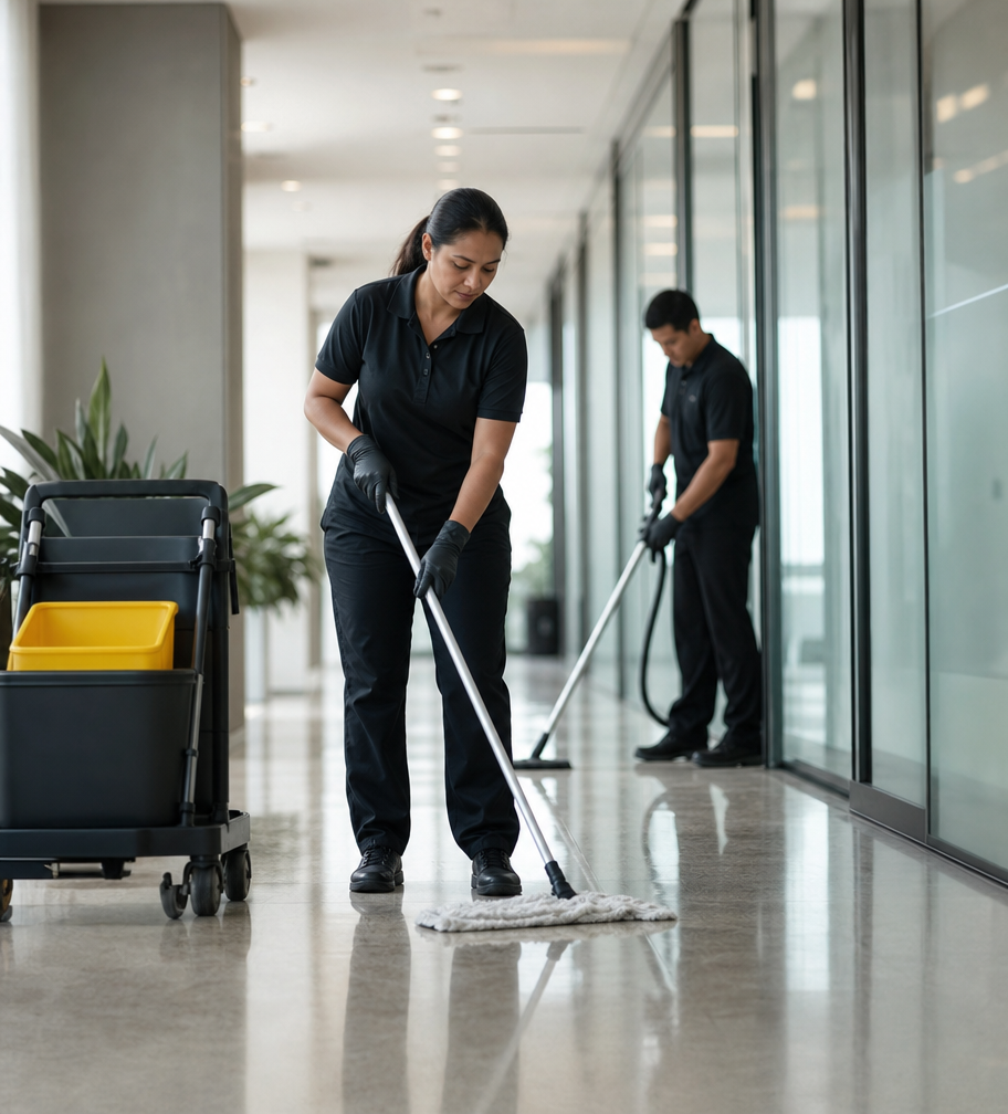 Commercial cleaning professionals working in a corporate hallway