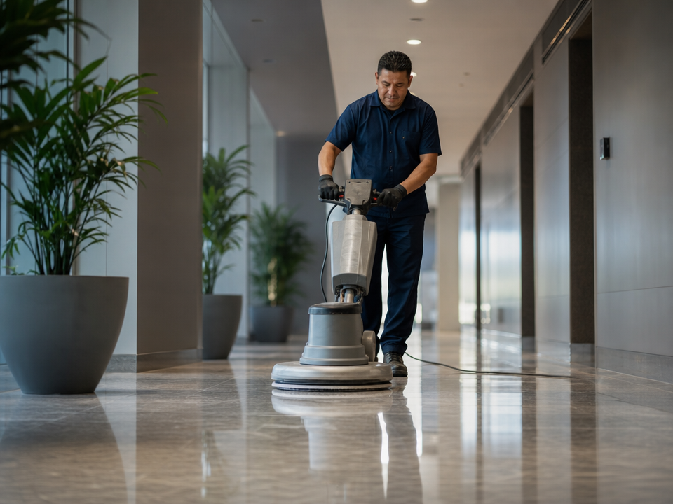 Professional floor care equipment maintaining a commercial hallway