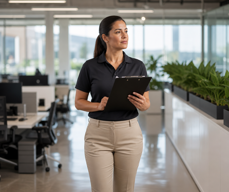 A supervisor inspecting a spotless commercial workspace for detail