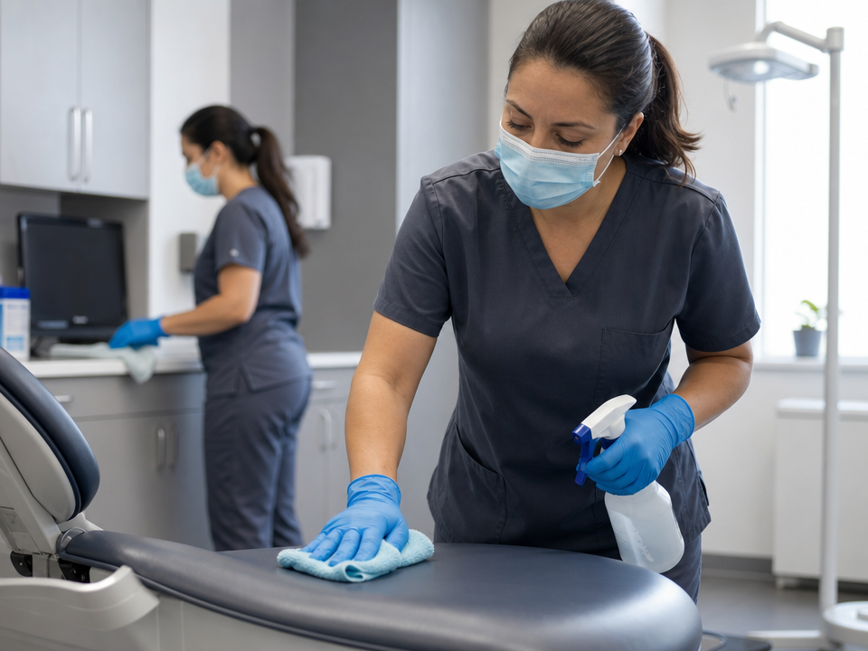 Professional cleaning team disinfecting a medical office