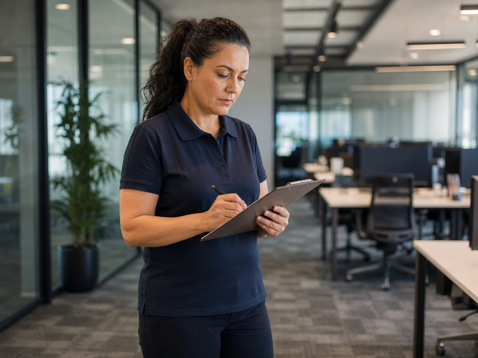 Supervisor performing a quality inspection in a corporate office